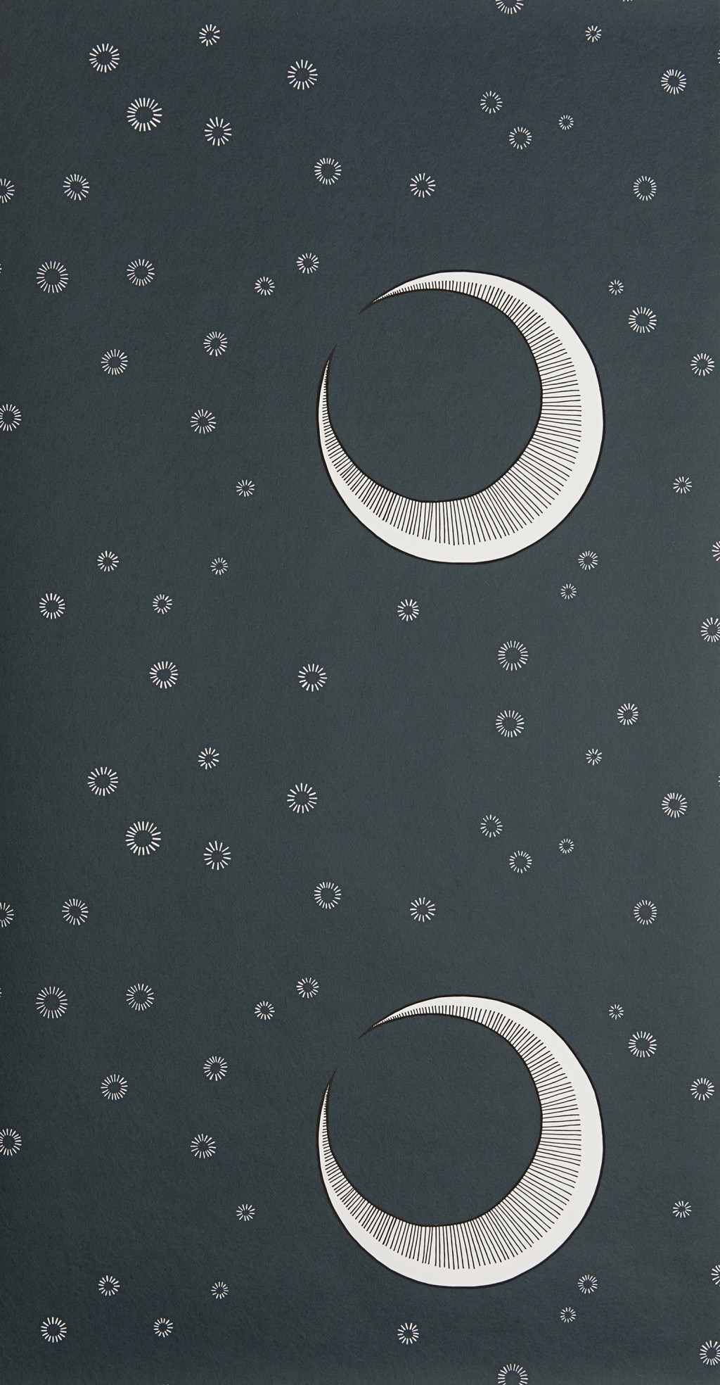 To The Moon wallpaper, dark blue matt finish, crescent moon and star design, flat pattern repeat
