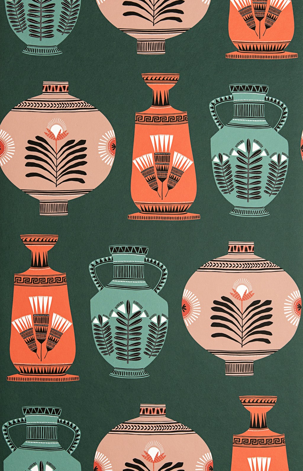 Vase Collection Wallpaper: Stone & Forest Green
