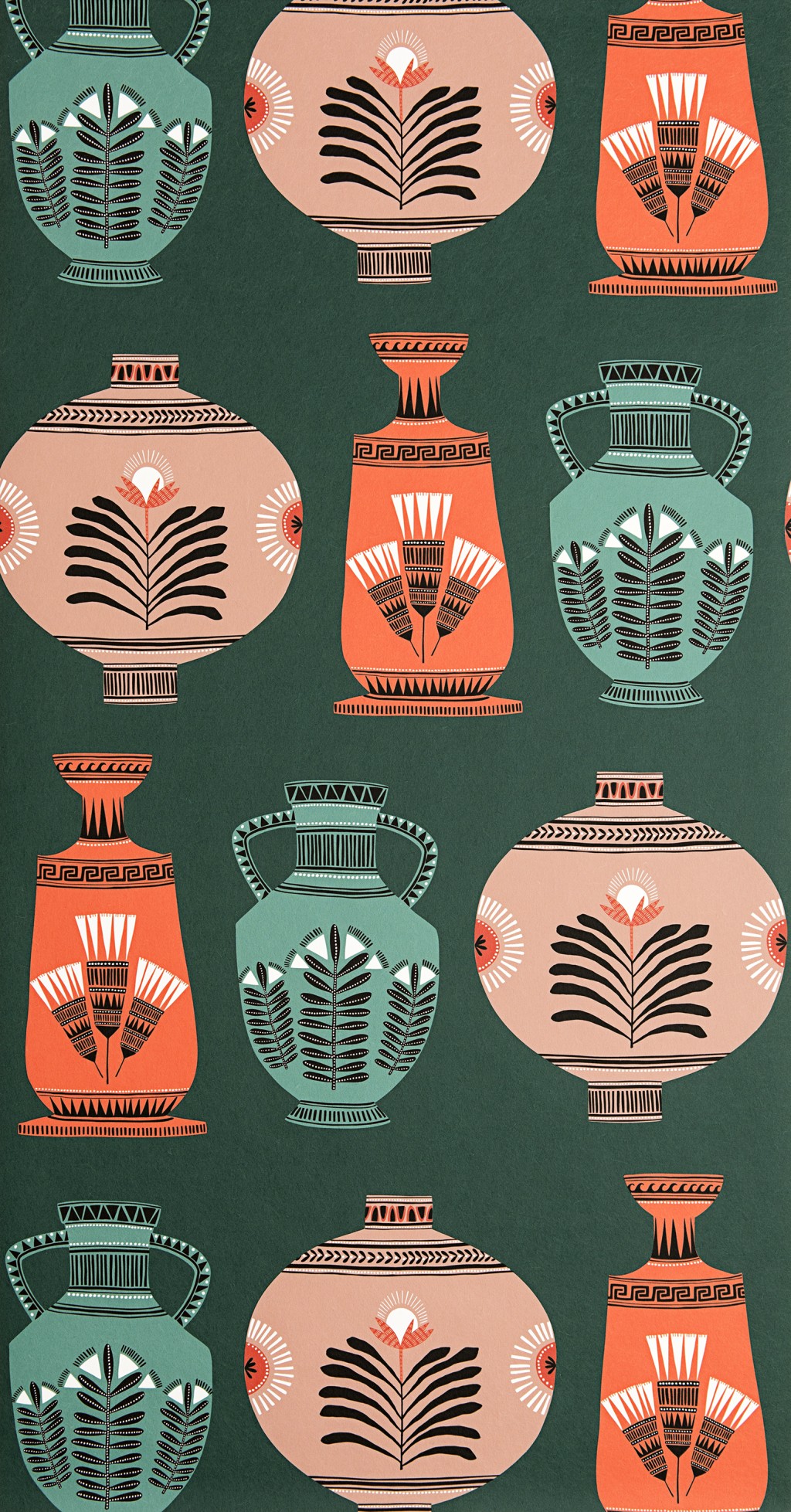 Vase Collection Wallpaper: Stone & Forest Green