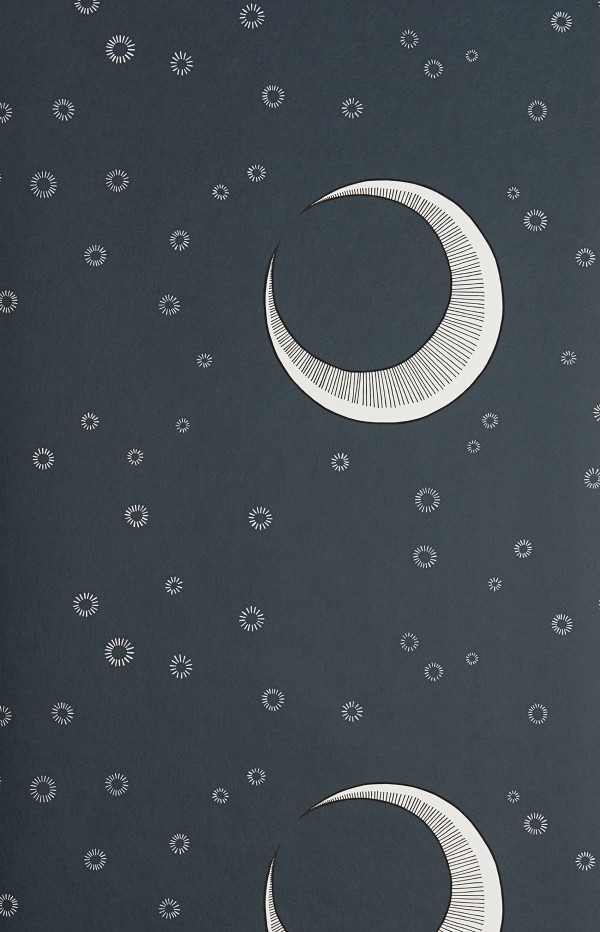 To The Moon wallpaper, dark blue matt finish, crescent moon and star design, flat pattern repeat