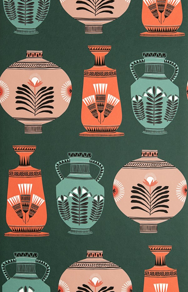 Vase Collection Wallpaper: Stone & Forest Green