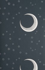 To The Moon wallpaper, dark blue matt finish, crescent moon and star design, flat pattern repeat