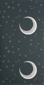 To The Moon wallpaper, dark blue matt finish, crescent moon and star design, flat pattern repeat