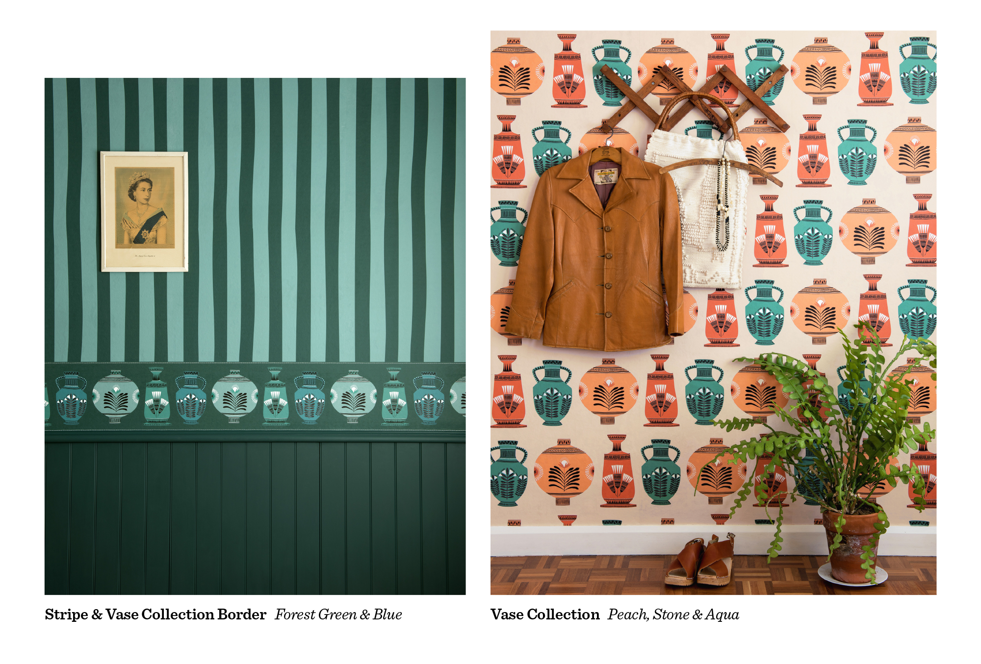 Left: MissPrint Stripe wallpaper with Vase Collection Border in Forest Green & Blue above green panelling. Right: Vase Collection wallpaper in Peach, Stone & Aqua with a leather jacket and potted plant